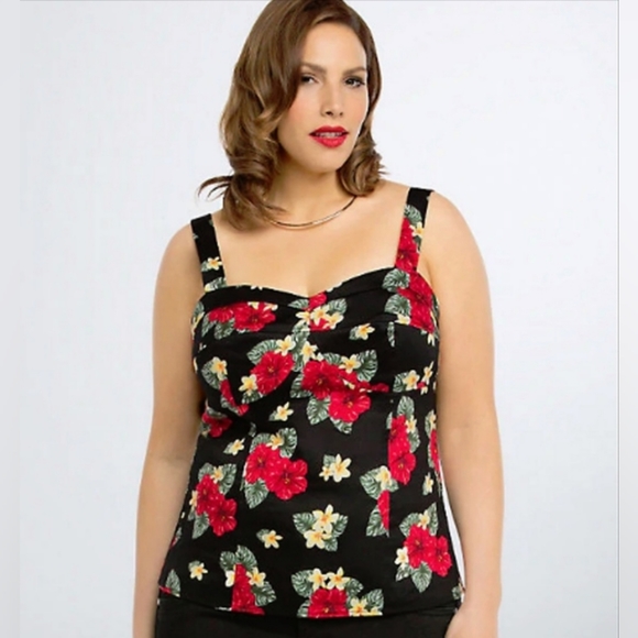 torrid Tops - Torrid Hibiscus Bustier Top, Retro Chic, Black & Red Floral, size 1X